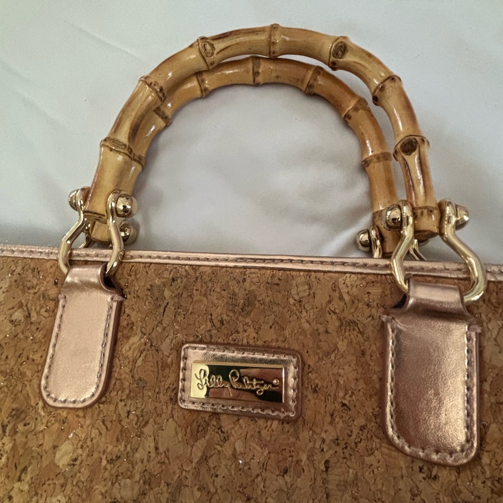 Lilly Pulitzer cork tote with bamboo handles, rose gold